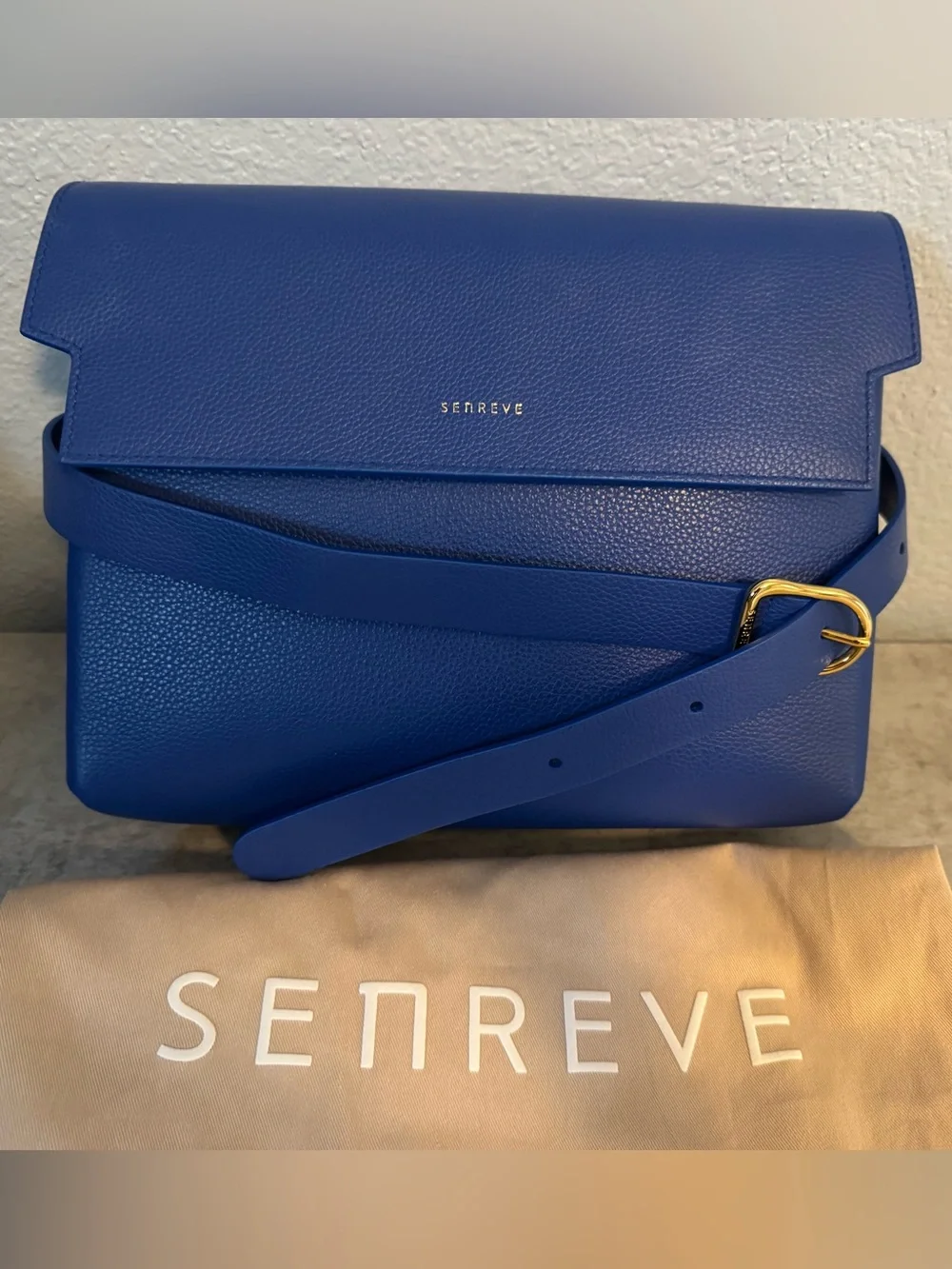 Senreve Azure Leather Satchel with Gold Buckle